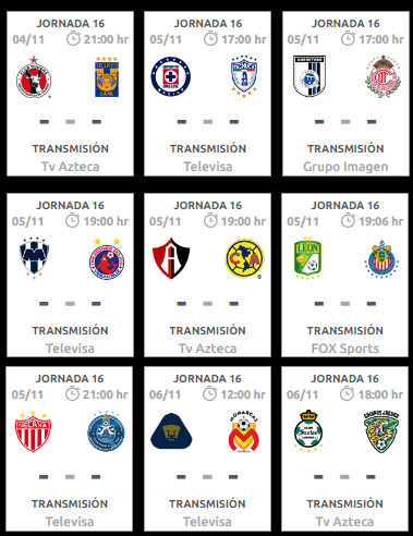 Calendario de la jornada 16 del futbol mexicano apertura 2016